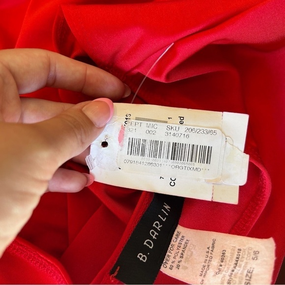 B. Darlin One Shoulder Long Sleeve Shiny Red BodyCon Ruched Side Cocktail Dress - Picture 5 of 10